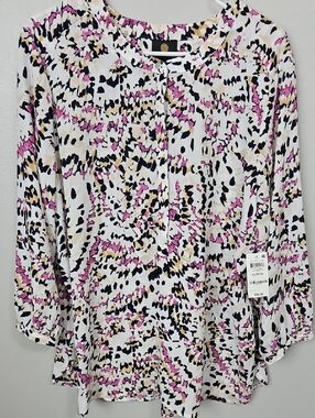 JM Collection Nwt Women's Printed Button-Front Blouse - Pink/Black/Cream